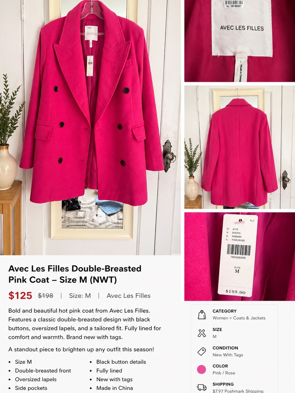 Avec Les Filles Bright Pink Double-Breasted Pea Coat